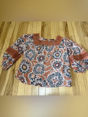 Zac & Rachel Rust Floral Crochet Trim Peasant Top Size M